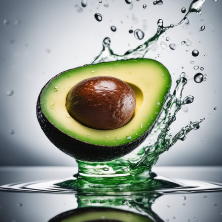 Avocado halves being splashed with waterの素材