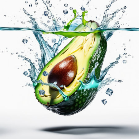 Avocado halves being splashed with waterの素材