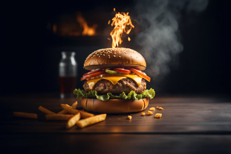 The fresh and delicious cheeseburger with fries on a dark black background.の素材