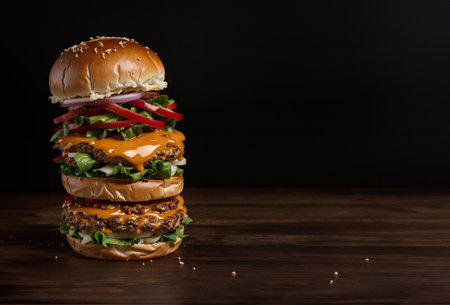 The fresh and delicious cheeseburger with fries on a dark black background.の素材