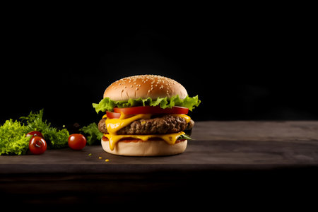 The fresh and delicious cheeseburger with fries on a dark black background.の素材