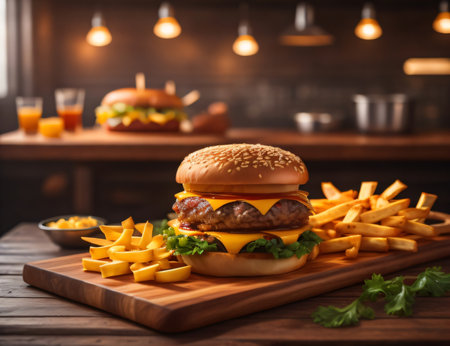 The fresh and delicious cheeseburger with fries on a table against blurred Restaurant background.の素材