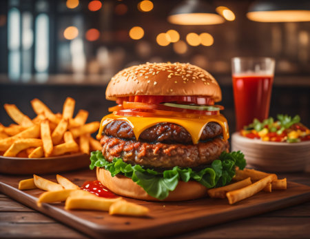 The fresh and delicious cheeseburger with fries on a table against blurred Restaurant background.の素材