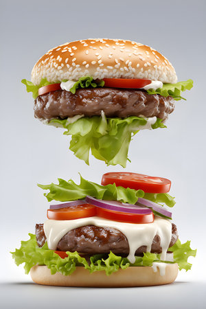 The fresh and delicious cheesy double hamburger with fries on the white background.の素材