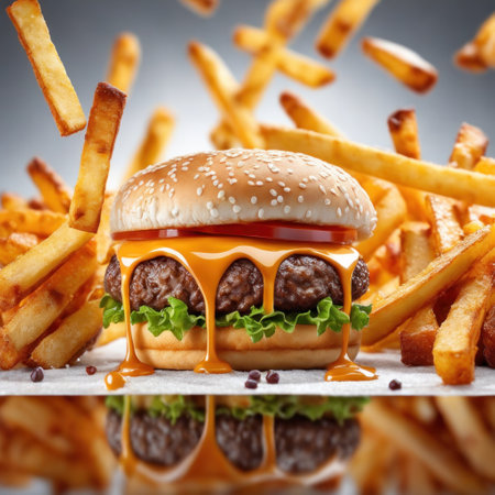 The fresh and delicious cheesy double hamburger with fries on a table in the restaurant.の素材