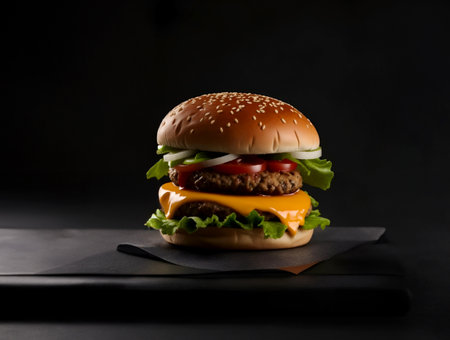 The fresh and delicious cheesy double hamburger with fries on a black backgroundの素材