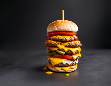 The fresh and delicious cheesy double hamburger with fries on a black backgroundの素材