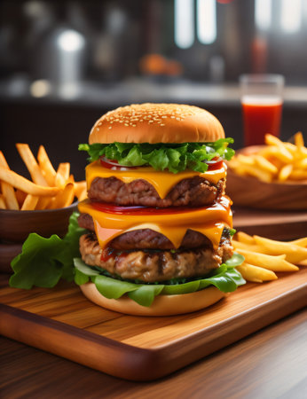 The fresh and delicious cheesy double hamburger with fries on a table in the restaurantの素材