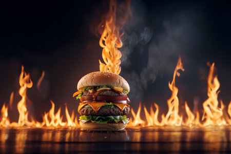 The fresh and delicious cheesy double hamburger with fries on a table in the restaurant. Fire in the backgroundの素材