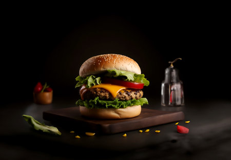 The fresh and delicious cheesy double hamburger with fries on a black backgroundの素材