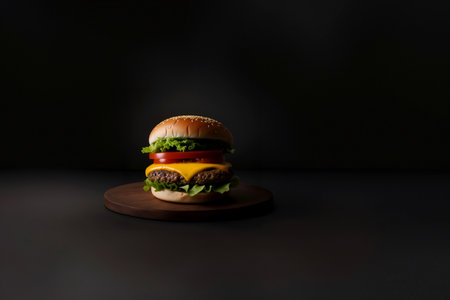 The fresh and delicious cheesy double hamburger with fries on a black backgroundの素材