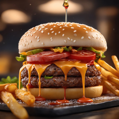 The fresh and delicious cheesy double hamburger with fries on a table in the restaurant.の素材