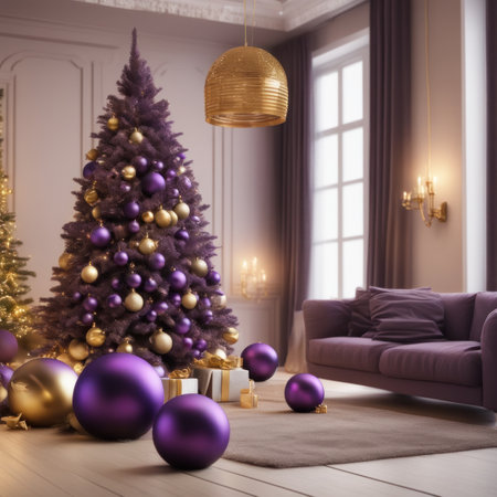 A cozy, luxurious, and modern living room interior with gift boxes under a decorated Christmas treeの素材