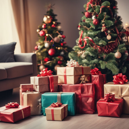 Presents and Wrapped Gifts boxes under Christmas Tree, Winter Holiday Conceptの素材
