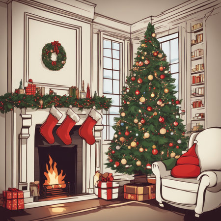 A cozy, luxurious, and modern living room interior with gift boxes under a decorated Christmas treeの素材