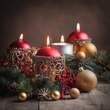 Home is decorated with Christmas ornaments, and gift boxes, as well as a light decoration with candles.の素材