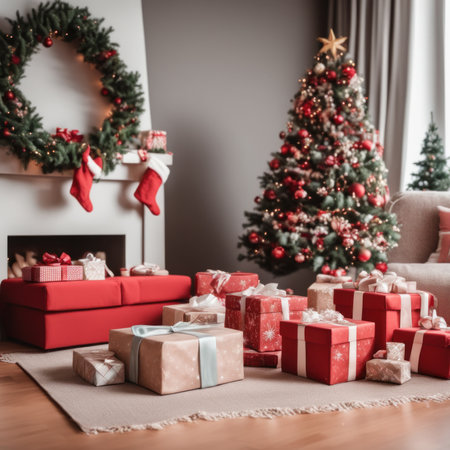 Beautiful Christmas gifts under tree in new year decorated house interiorの素材