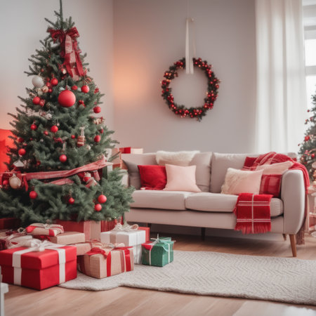 A cozy, luxurious, and modern living room interior with gift boxes under a decorated Christmas treeの素材