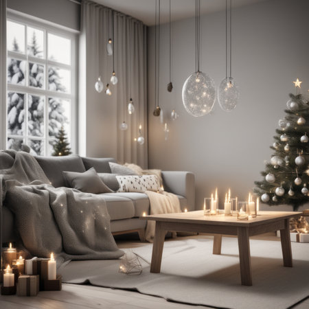 A cozy, luxurious, and modern living room interior with gift boxes under a decorated Christmas treeの素材