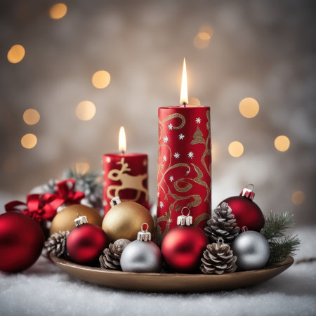 Home is decorated with Christmas ornaments, and gift boxes, as well as a light decoration with candles.の素材