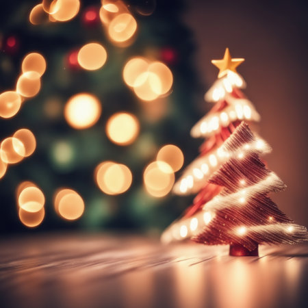 Closeup of Decorated Christmas tree on blurred, sparkling and fairy light backgroundの素材