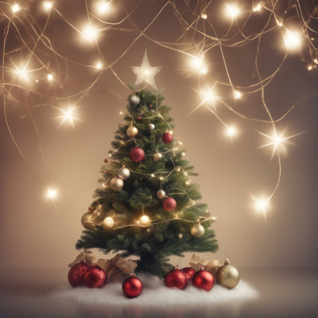 Closeup of Decorated Christmas tree on blurred, sparkling and fairy light backgroundの素材
