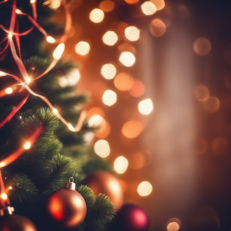 Closeup of Decorated Christmas tree on blurred, sparkling and fairy light backgroundの素材