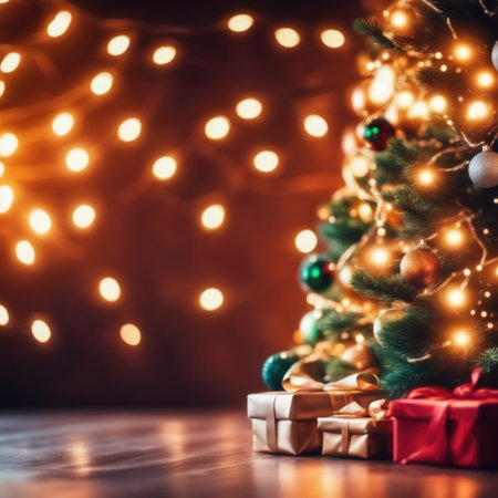 Closeup of Decorated Christmas tree on blurred, sparkling and fairy light backgroundの素材