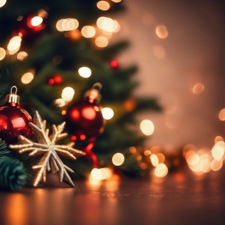 Closeup of Decorated Christmas tree on blurred, sparkling and fairy light backgroundの素材