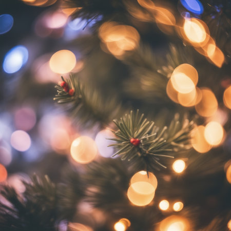 Closeup of Decorated Christmas tree on blurred, sparkling and fairy light backgroundの素材