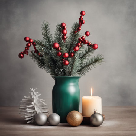 Home is decorated with Christmas ornaments, and gift boxes, as well as a light decoration with candles.の素材