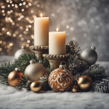 Home is decorated with Christmas ornaments, and gift boxes, as well as a light decoration with candles.の素材