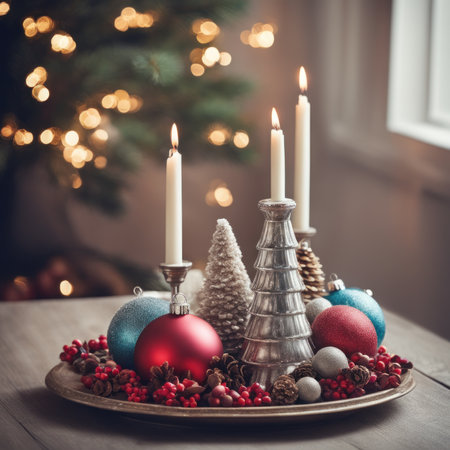 Home is decorated with Christmas ornaments, and gift boxes, as well as a light decoration with candles.の素材