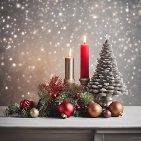 Home is decorated with Christmas ornaments, and gift boxes, as well as a light decoration with candles.の素材