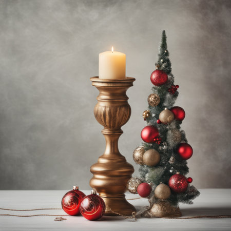 Home is decorated with Christmas ornaments, and gift boxes, as well as a light decoration with candles.の素材