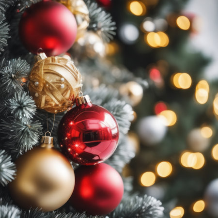 Close-UP of Christmas Tree, Red and Golden Ornaments against a Defocused Lights Backgroundの素材