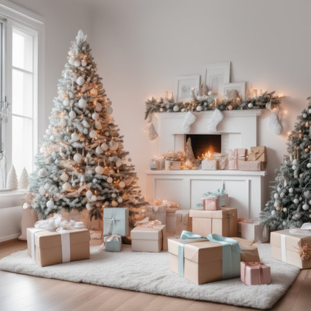 A cozy, luxurious, and modern living room interior with gift boxes under a decorated Christmas treeの素材