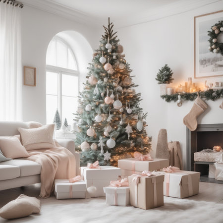A cozy, luxurious, and modern living room interior with gift boxes under a decorated Christmas treeの素材