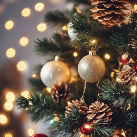 Close-UP of Christmas Tree, Gold Ornaments against a Defocused Lights Backgroundの素材