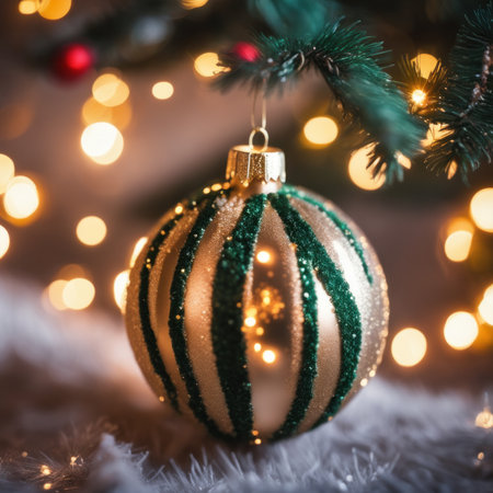 Close-UP of Christmas Tree, Gold Ornaments against a Defocused Lights Backgroundの素材