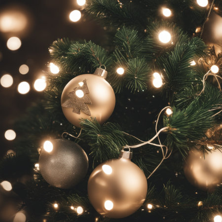 Close-UP of Christmas Tree, Gold Ornaments against a Defocused Lights Backgroundの素材