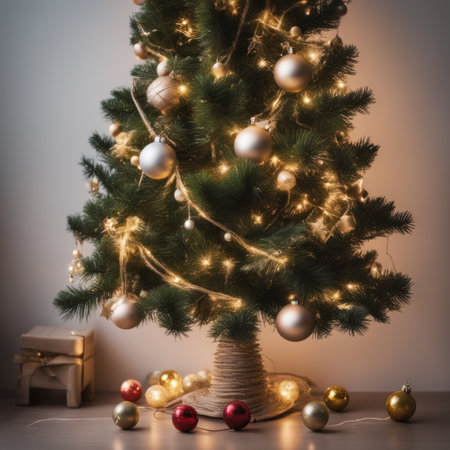 Close-UP of Christmas Tree, Gold Ornaments against a Defocused Lights Backgroundの素材