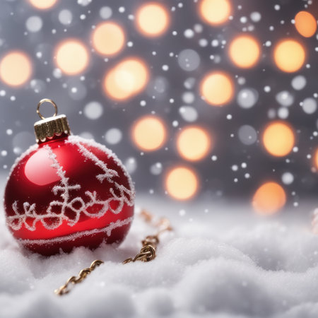 Red colored christmas decorations ornaments on snow  with space for textの素材