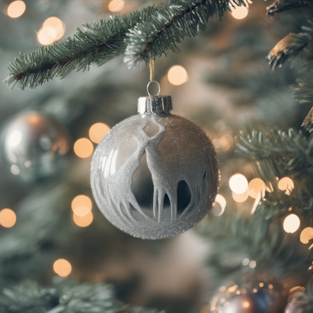 Close-UP of Christmas Tree, Gold and Silver Ornaments against a Defocused Lights Backgroundの素材