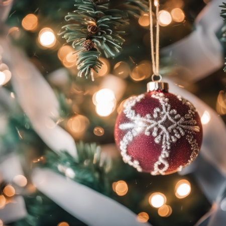 Close-UP of Christmas Tree, Red Ornaments against a Defocused Lights Backgroundの素材