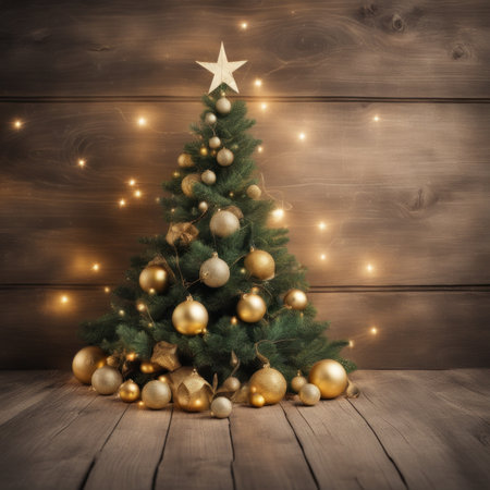 Close-UP of Christmas Tree, Gold Ornaments against a Defocused Lights Backgroundの素材