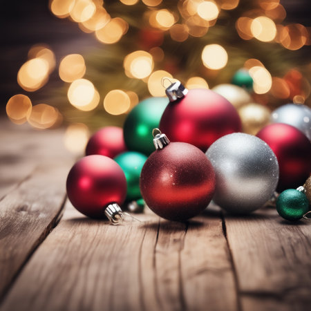 Close-UP of Christmas Tree, Red and Green Ornaments against a Defocused Lights Backgroundの素材