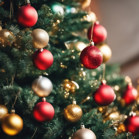 Close-UP of Christmas Tree, Red and Golden Ornaments against a Defocused Lights Backgroundの素材