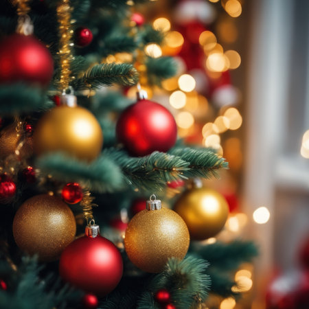 Close-UP of Christmas Tree, Red and Golden Ornaments against a Defocused Lights Backgroundの素材