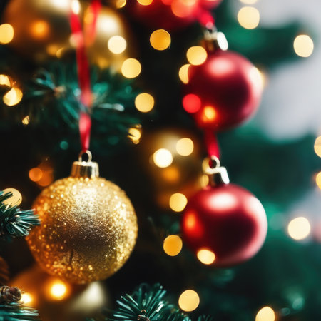 Close-UP of Christmas Tree, Red and Golden Ornaments against a Defocused Lights Backgroundの素材